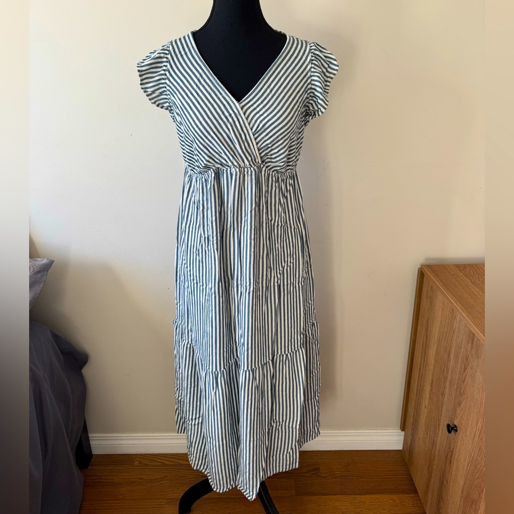 Isabel Maternity by Ingrid & Isabel Navy and White Striped Wrap Midi Dress